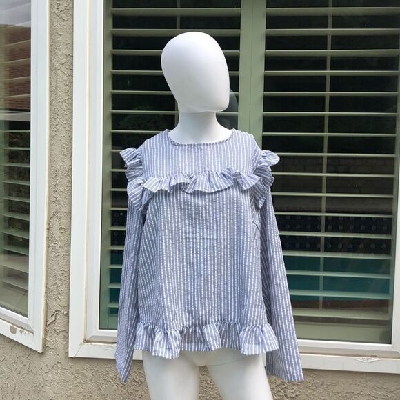 Lost Ink Blue/White Stripe Ruffle Blouse SzXL - Picture 2 of 12